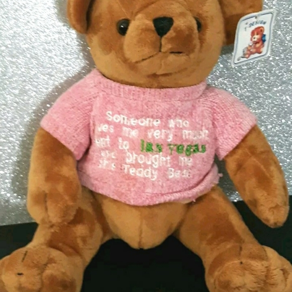 Vtg 10" Bear T Design Vegas Bear toy Stuffed Animal Animal tag's pink sweater - Picture 3 of 11